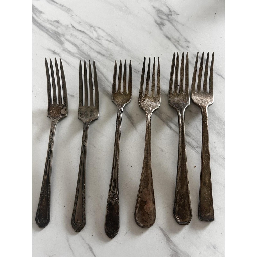 Vintage Antique Silverplate Dinner Forks Mixed Assorted Patterns Lot of 6 BxA